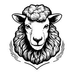 Detailed black and white illustration of a sheep head, perfect for graphic design and farm-themed projects.