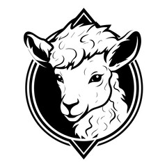 Detailed black and white illustration of a sheep head, perfect for graphic design and farm-themed projects.