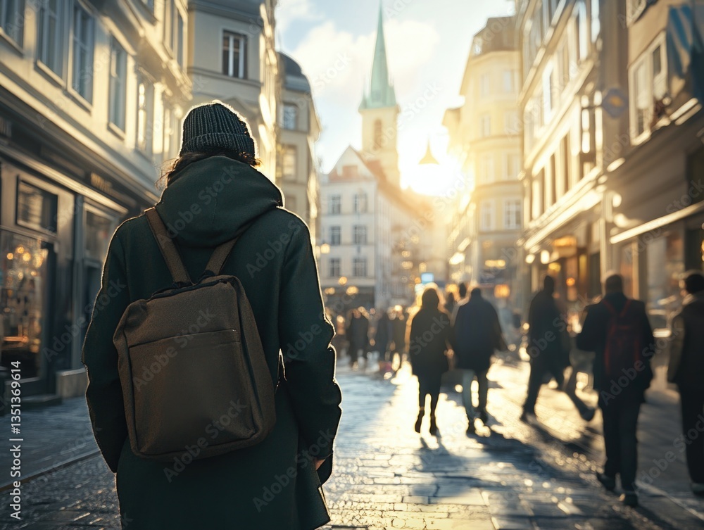Poster a person walking down a street with a backpack, suitable for use in travel or adventure concepts
