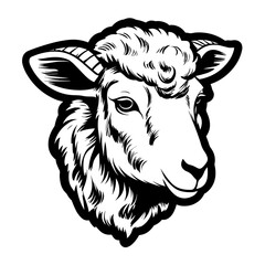 Detailed black and white illustration of a sheep head, perfect for graphic design and farm-themed projects.