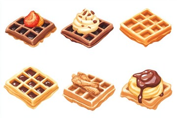 A collection of six waffles with various toppings arranged on a white background