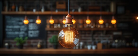 Edison bulb glows in cafe, bar backdrop