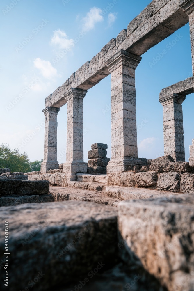 Poster capture close-up view of ancient ruins where weathered stonework and intricate carvings showcase art