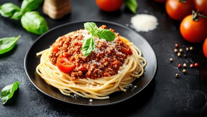 A plate of spaghetti with tomato sauce and garnishes