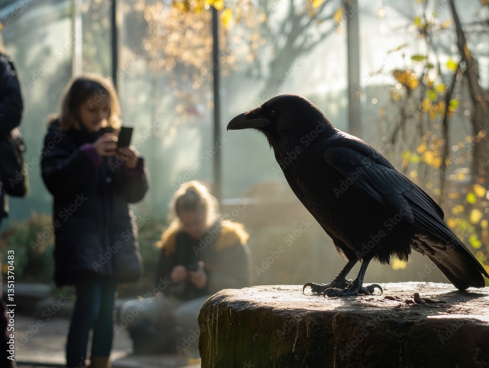 Poster a black bird sits on top of a decaying tree stump in a natural environment