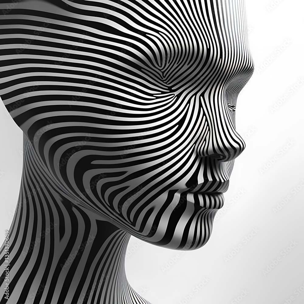 Poster this striking image features stylized mannequin with intricate black and white stripes, creating mes