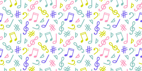 Music signs seamless pattern, accidental, note symbols background. Hand drawn doodle style vector graphics, illustration