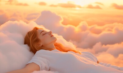 A beautiful woman peacefully sleeping on a soft, fluffy cloud floating in the sky, Generative AI