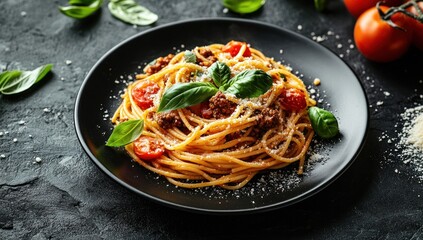 A Plate of Pasta with Tomatoes and Green Basil Leaves