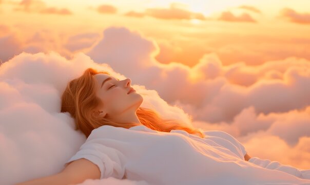 A beautiful woman peacefully sleeping on a soft, fluffy cloud floating in the sky, Generative AI