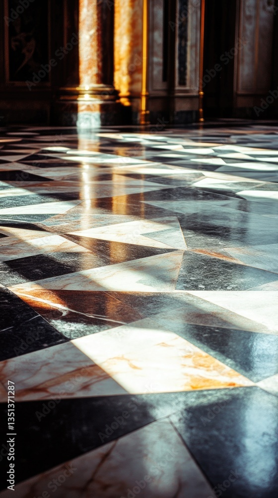 Poster checkered floor in a building with high contrast between black and white tiles