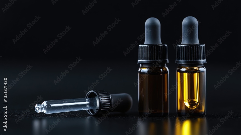 Poster A couple of bottles of liquid sitting on a table, perfect for capturing the attention in product promotions or editorial features