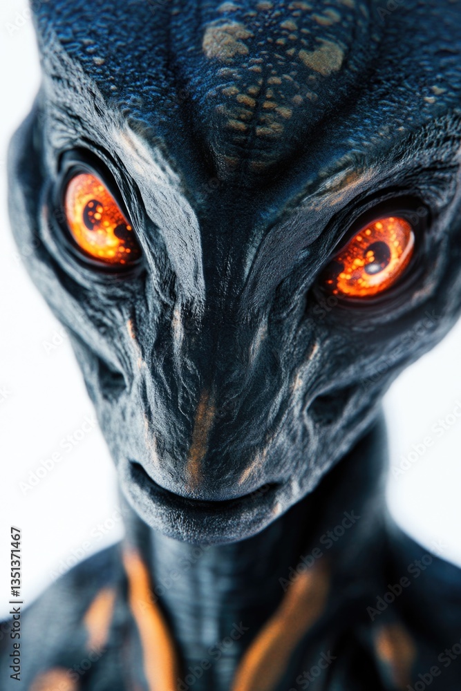Poster close-up image of an alien with glowing eyes, suitable for use in science fiction or fantasy context