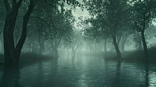 Foggy swamp river path, dark trees, ominous sky, game background