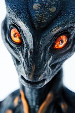 Close-up image of an alien with glowing eyes, suitable for use in science fiction or fantasy contexts