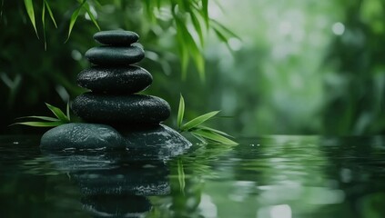 Balanced black stones in a tranquil pool of water with green foliage