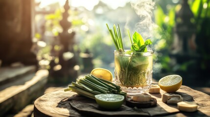 Herbal tea steaming, garden setting, sunlight