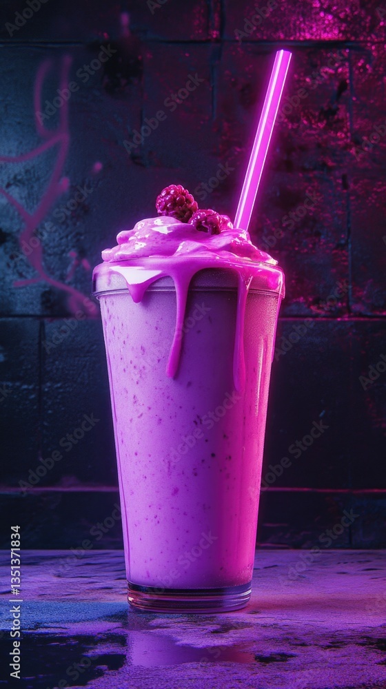 Poster a refreshing pink smoothie with a straw and a raspberry on top, perfect for a healthy snack or bever