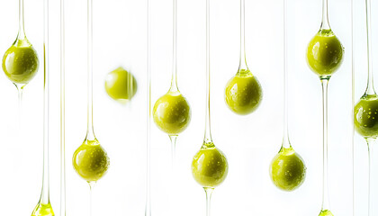 Oil dripping from green olives on white background