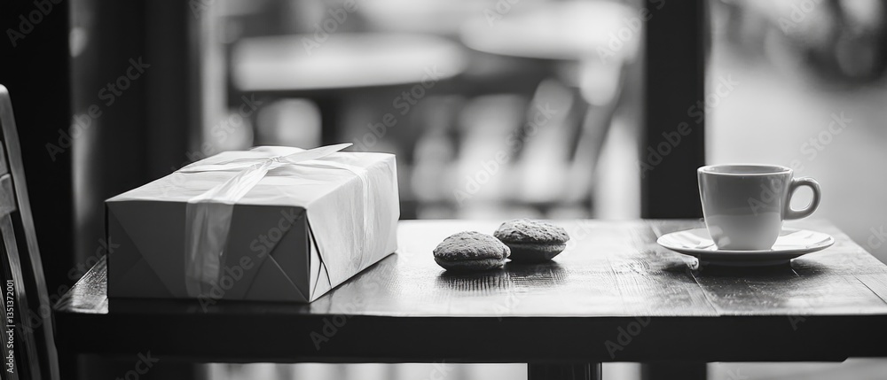 Poster a table setting with a box of cookies and a cup of coffee, perfect for a morning or afternoon pick-m