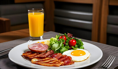 A breakfast on a white plate​ and a cup of orange juice in hotel restaurant