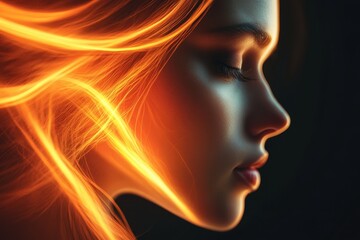 Woman with glowing orange hair showcasing vibrant beauty in a dark backdrop