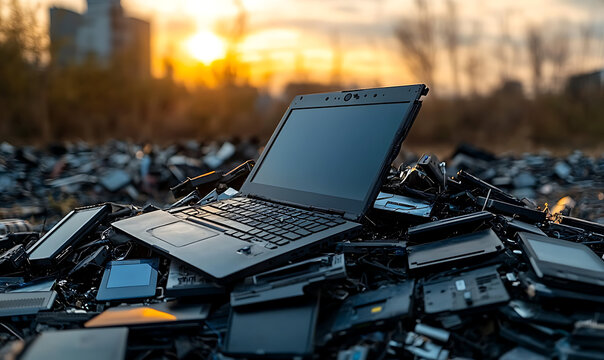  Laptop computer sitting top pile electronic devices is ewaste 