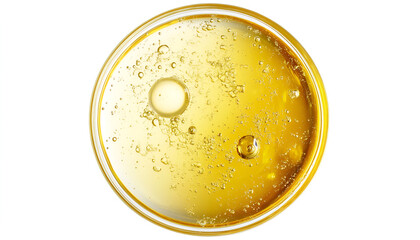 Drop of yellow oil swatch texture in petri dish macro with bubbles, cosmetics for face and body, science, laboratory isolated on white background