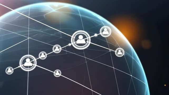 This visual showcases the intricate web of global networking, emphasizing human engagement through interconnected nodes, symbolizing technologys significant role in business and automation