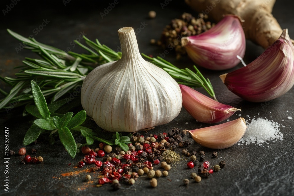 Poster a selection of garlic and pepper on a table, ready for use in cooking