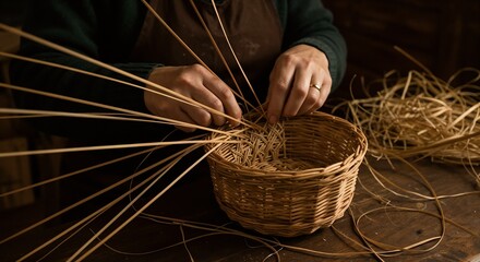 Basket Weaver Weaving Wicker Basket in Traditional Setting