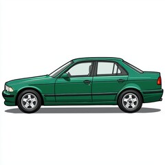Green sedan car side view illustration with detailed design and style elements, ideal for automotive and transportation concepts