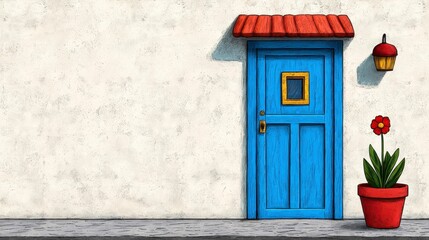 Obraz premium Colorful Blue Door with Yellow Square Window and Flower Pot in Front of White Wall