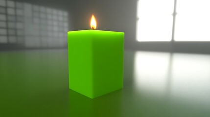 Green candle with lit, and modern room.