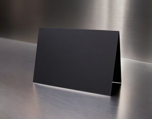 A simple black card standing on a metallic surface, ideal for branding or personalized messages.