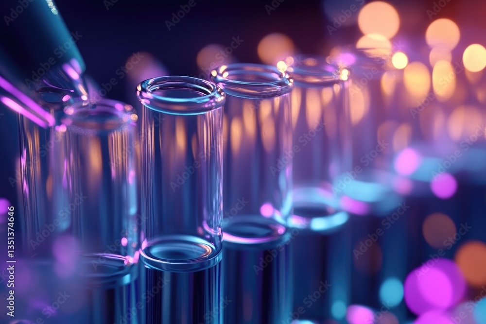 Poster rows of laboratory test tubes filled with various liquids, suitable for science and education images