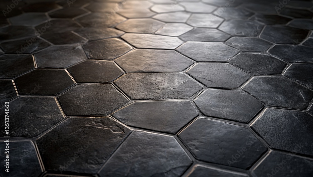 Poster closeup of a hexagon tile floor with light shining through