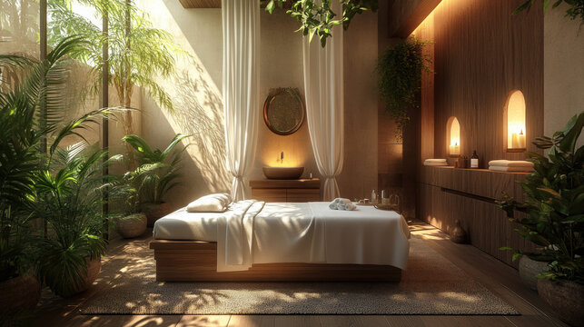 SPA, A serene spa treatment room featuring a well-organized massage setup for relaxation and wellness.