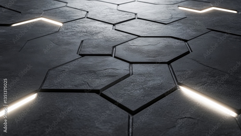 Poster closeup of a hexagon tile floor with light shining through