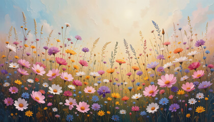 Artistic flower field painting with impressionist textures and dreamy tones