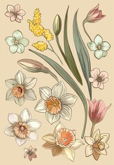 Hello spring, Happy Easter! Botanical card of spring flowers (daffodils, tulips). Modern digital illustration.
