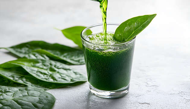 Chlorophyll extract is poured in pure water in glass against a white grey background with green leaf. Liquid chlorophyll in a glass of water. Concept of superfood, healthy eating, detox and diet