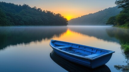 Obraz premium Serene sunrise over misty lake with small blue rowboat