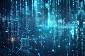 Obraz premium A computer image of a city skyline with many coins in front