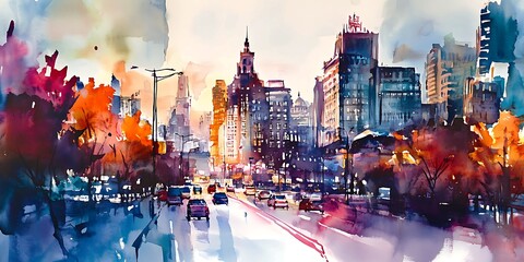 Obraz premium Night city skyline with busy streets and glowing lights