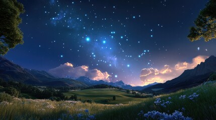 Serene Night Sky Over Tranquil Valley with Stars, Clouds, and Majestic Mountains Beneath a Dreamy Twilight Horizon
