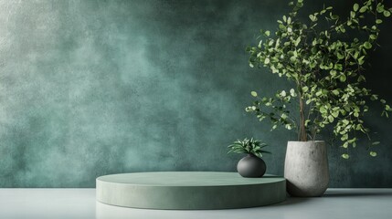 Minimalist green podium with plants, studio background, product display