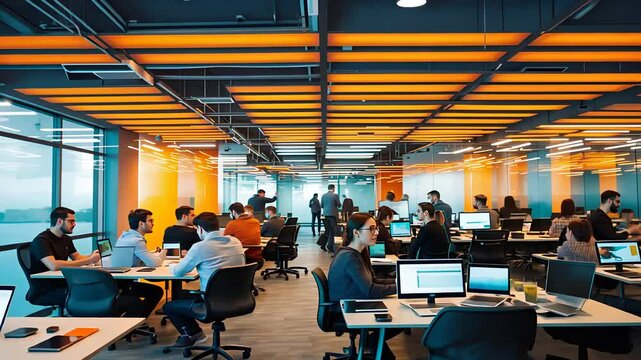 Modern open office space with employees working on computers under orange ceiling lights in a busy tech environment


