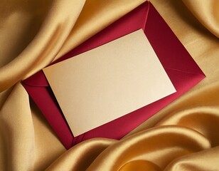 Elegant red envelope with a blank golden card on luxurious golden fabric.