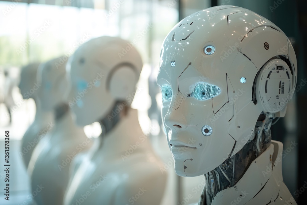 Poster a detailed view of a robotic head attached to a mannequin, great for tech-related illustrations and 